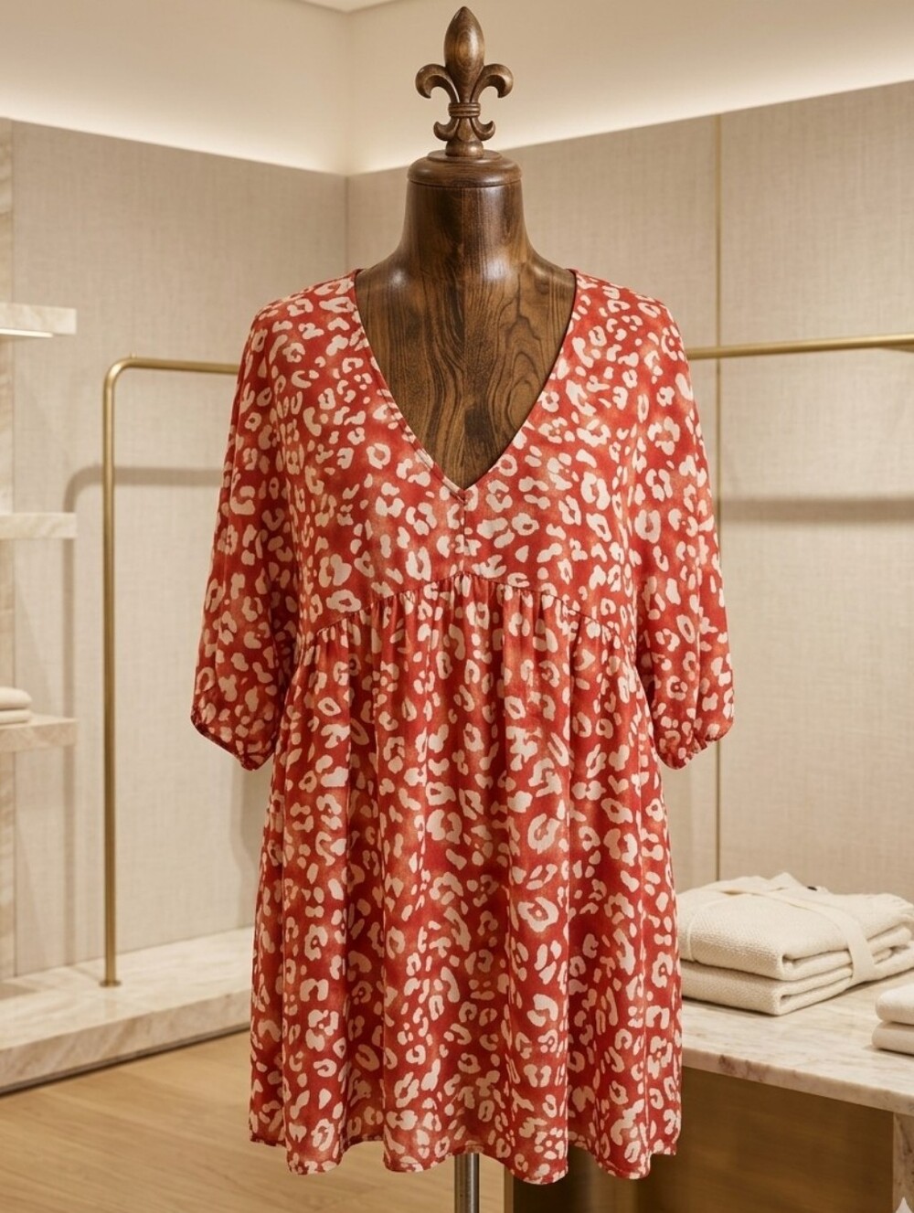 Mittoshop Burnt Orange Animal Print Babydoll Top XL